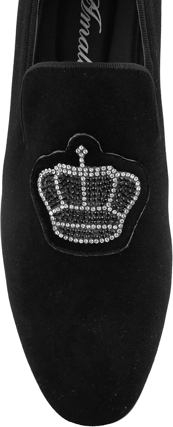 Amali Crown - Velvet Men??s Slip-On Shoes with Jewelry Crown Piece - Smoking Slip On Dress Shoes for Men - Velvet Formal Loafers for Men - The Original Smoking Men Tuxedo Dress Shoe