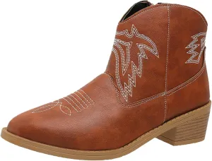 Ankle Booties for Women Low Heel Women Cowboy Boots Ethnic Embroidered Pointed Toe Side Zipper Thick Heel Short Boots