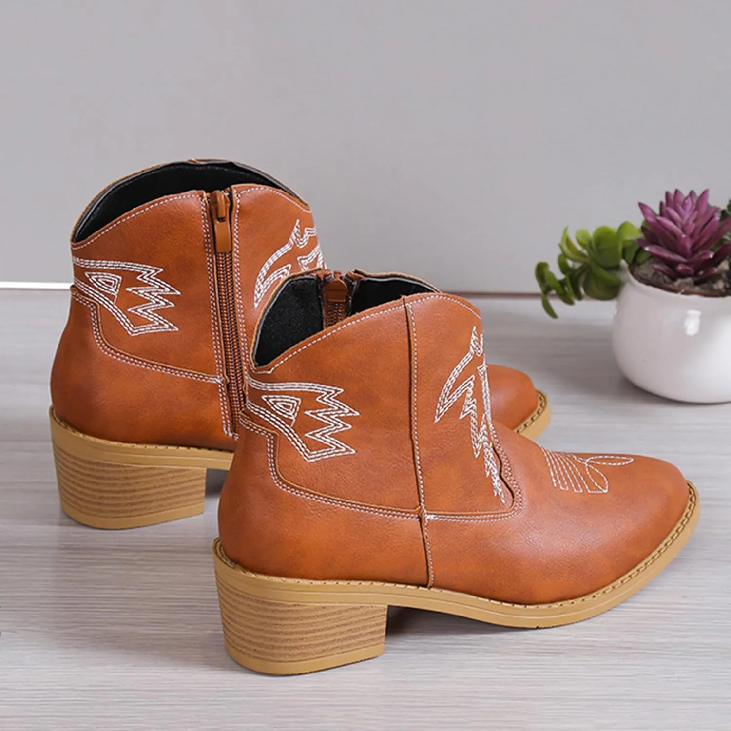 Ankle Booties for Women Low Heel Women Cowboy Boots Ethnic Embroidered Pointed Toe Side Zipper Thick Heel Short Boots