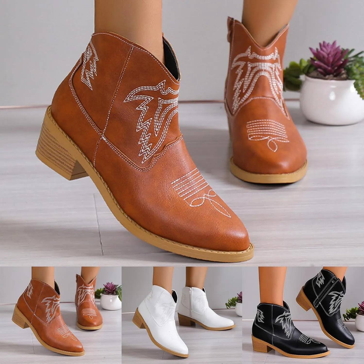 Ankle Booties for Women Low Heel Women Cowboy Boots Ethnic Embroidered Pointed Toe Side Zipper Thick Heel Short Boots