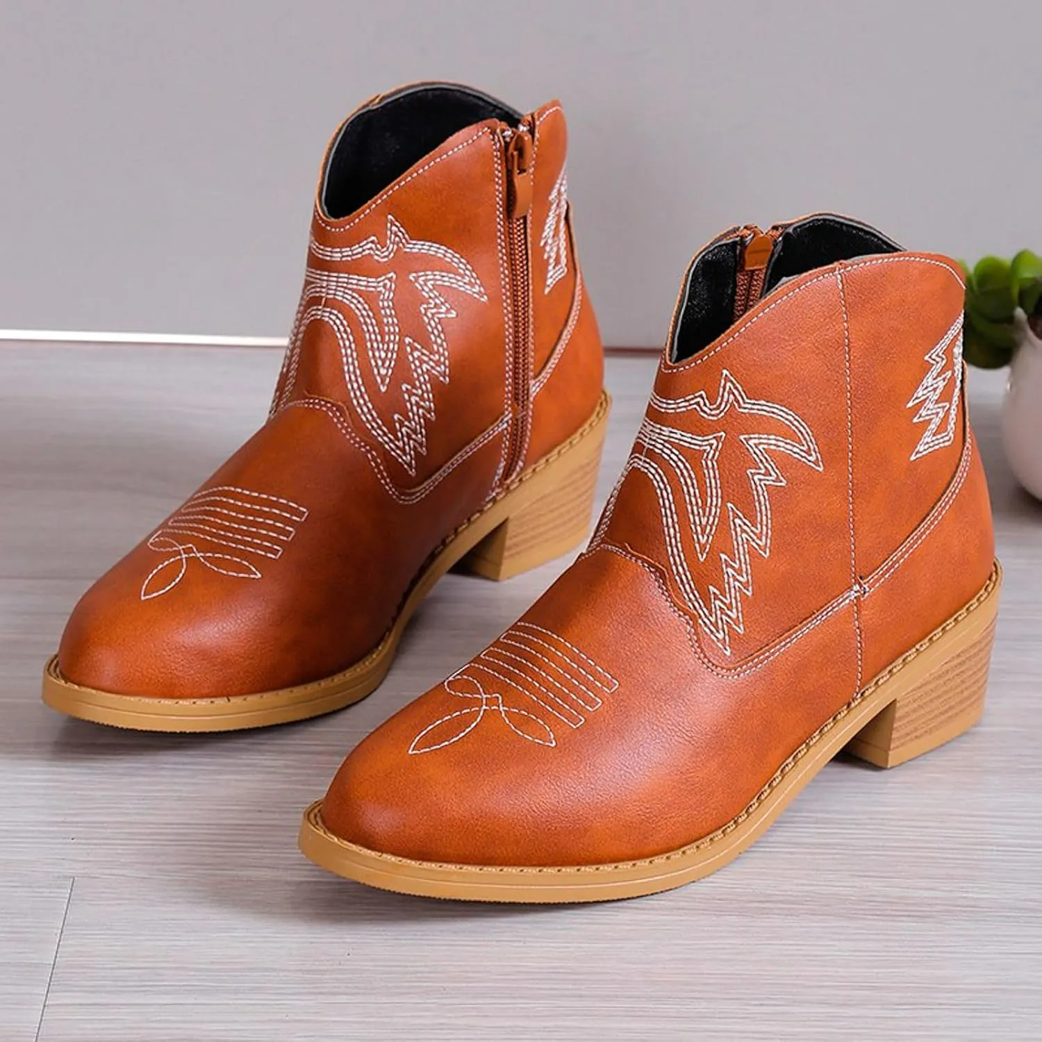 Ankle Booties for Women Low Heel Women Cowboy Boots Ethnic Embroidered Pointed Toe Side Zipper Thick Heel Short Boots