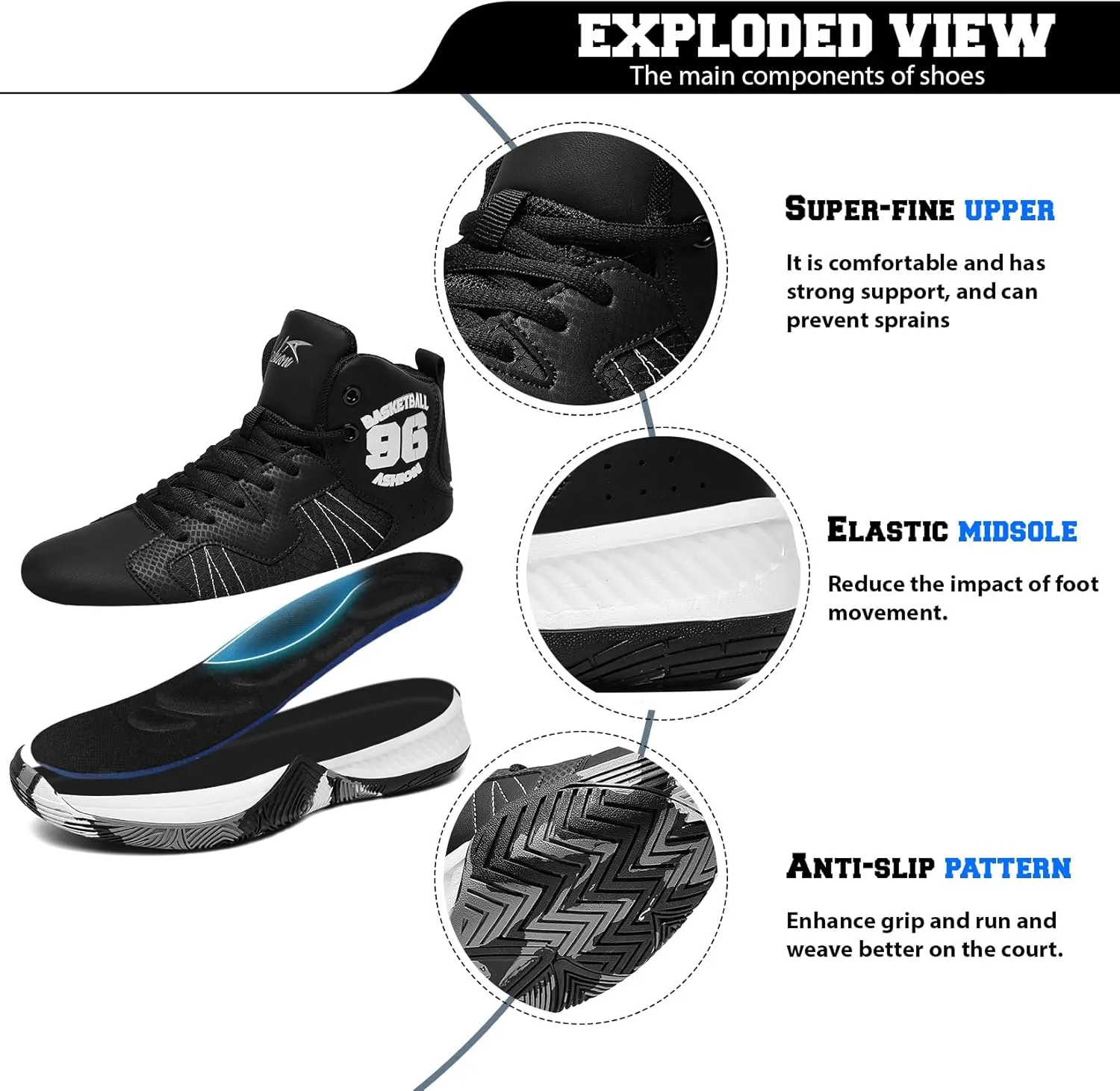 ASHION Kids Basketball Shoes Boys Girls Sneakers Mid-Top Lace Up Cushion Anti Slip Athletic Outdoor Sport Shoes for Unisex-Child