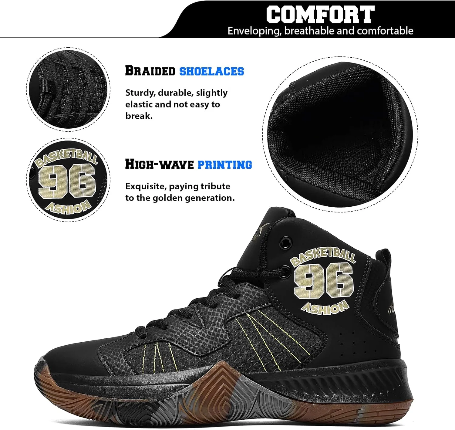 ASHION Kids Basketball Shoes Boys Girls Sneakers Mid-Top Lace Up Cushion Anti Slip Athletic Outdoor Sport Shoes for Unisex-Child