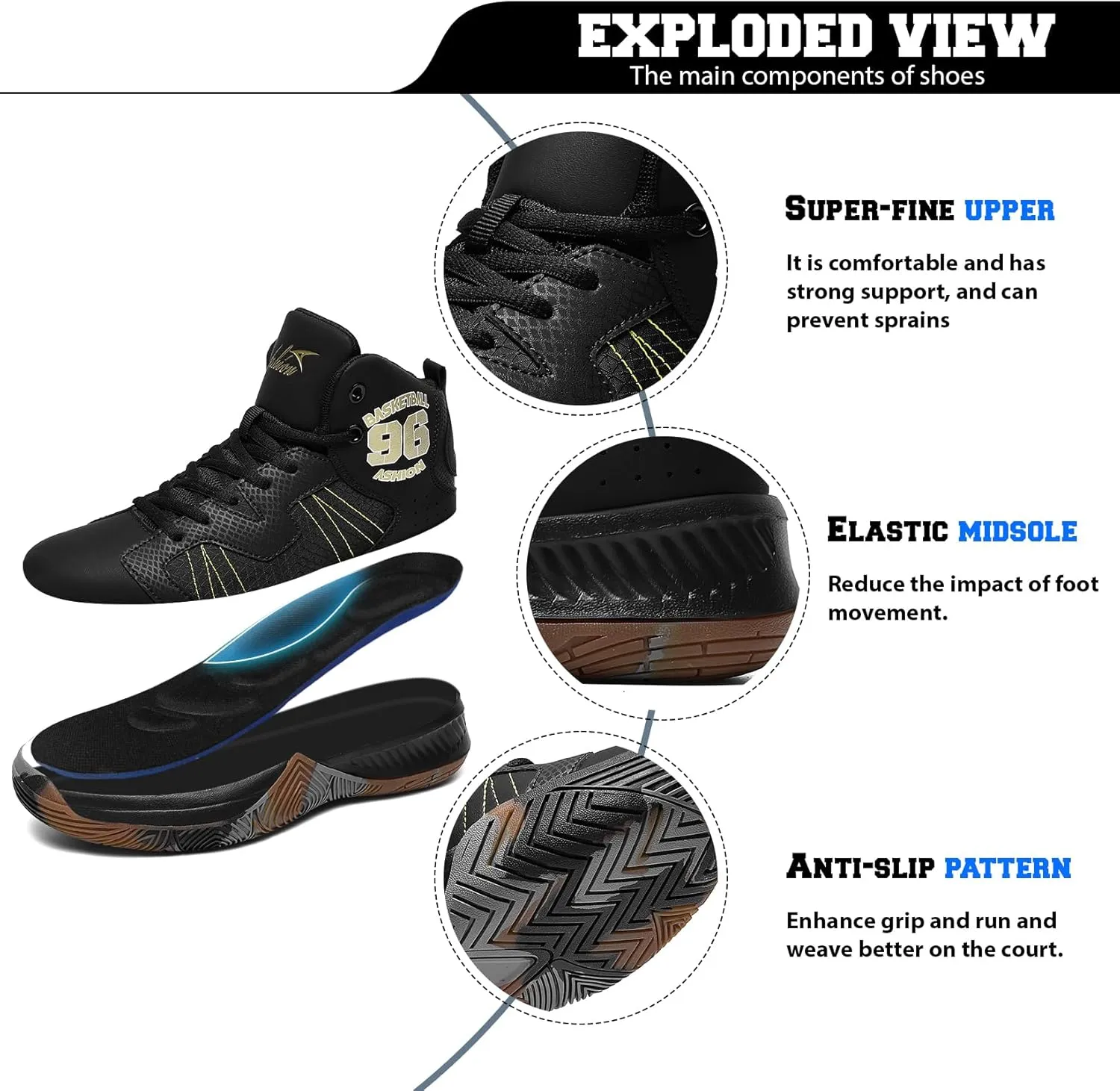 ASHION Kids Basketball Shoes Boys Girls Sneakers Mid-Top Lace Up Cushion Anti Slip Athletic Outdoor Sport Shoes for Unisex-Child