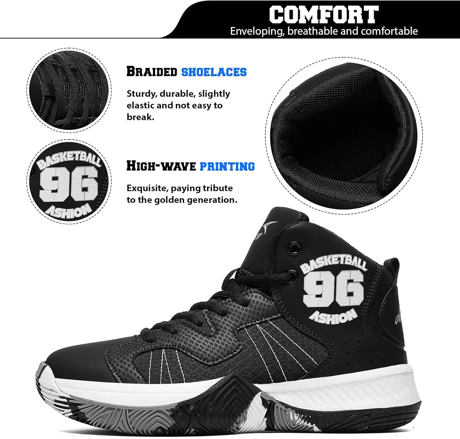 ASHION Kids Basketball Shoes Boys Girls Sneakers Mid-Top Lace Up Cushion Anti Slip Athletic Outdoor Sport Shoes for Unisex-Child