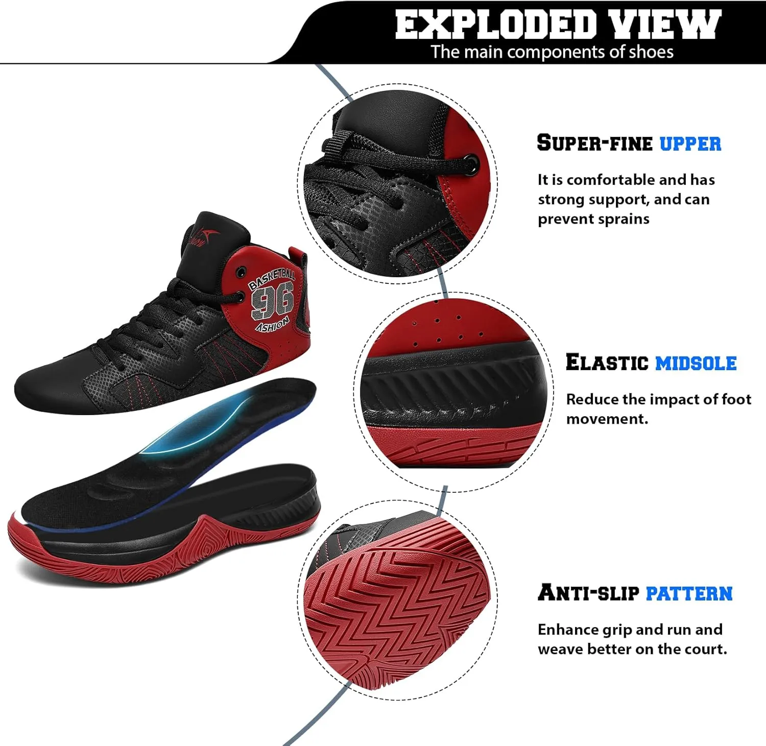 ASHION Kids Basketball Shoes Boys Girls Sneakers Mid-Top Lace Up Cushion Anti Slip Athletic Outdoor Sport Shoes for Unisex-Child