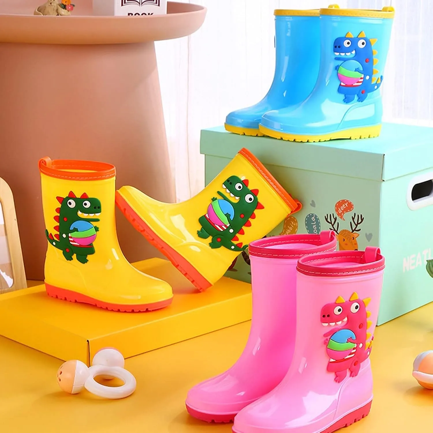 Baby Waterproof Rain Boots, Toddler Kids Boys Girls Cartoon Rubber Soft Sole Rain Shoes Waterproof Rain Boots