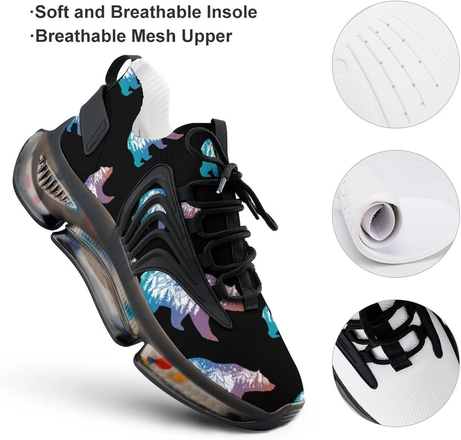 Bear with Mountains Landscape Walking Shoes for Men Lightweight Tennis Fashion Elastic Sports Shoes Cushion Basketball Shoes
