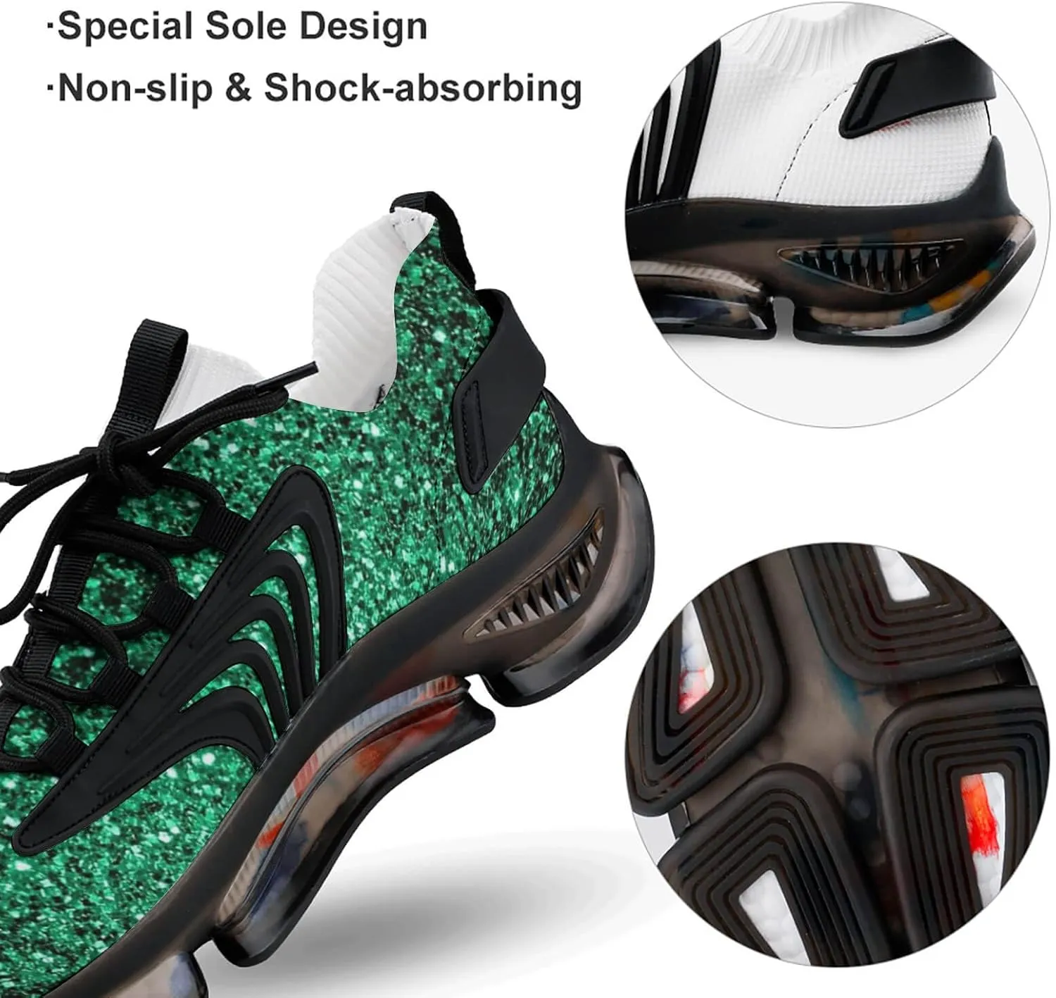 Beautiful Emerald Green Glitter Sparkles Walking Shoes for Men Lightweight Tennis Fashion Elastic Sports Shoes Cushion Basketball Shoes