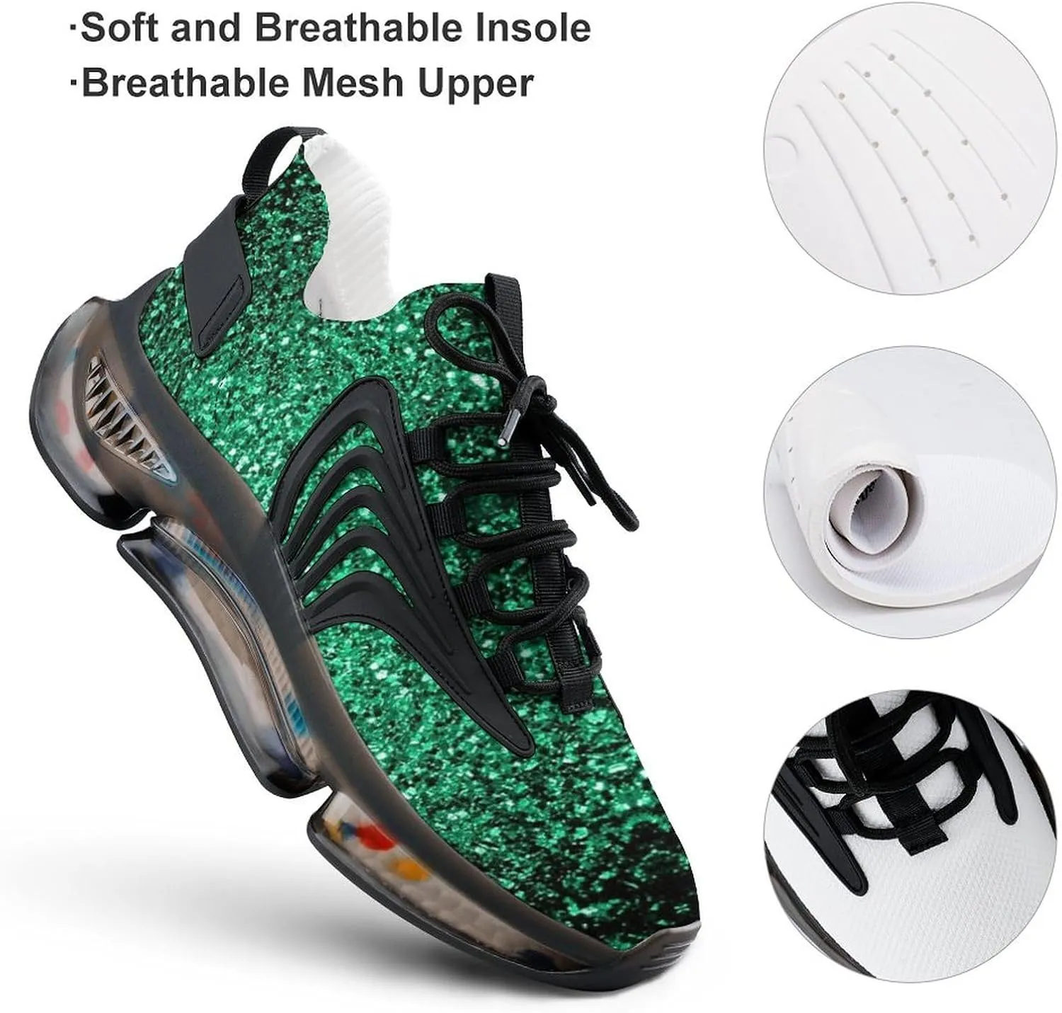Beautiful Emerald Green Glitter Sparkles Walking Shoes for Men Lightweight Tennis Fashion Elastic Sports Shoes Cushion Basketball Shoes