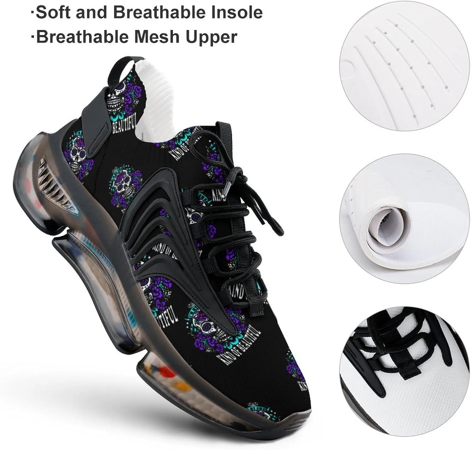 Beautiful Skull Walking Shoes for Men Lightweight Tennis Fashion Elastic Sports Shoes Cushion Basketball Shoes