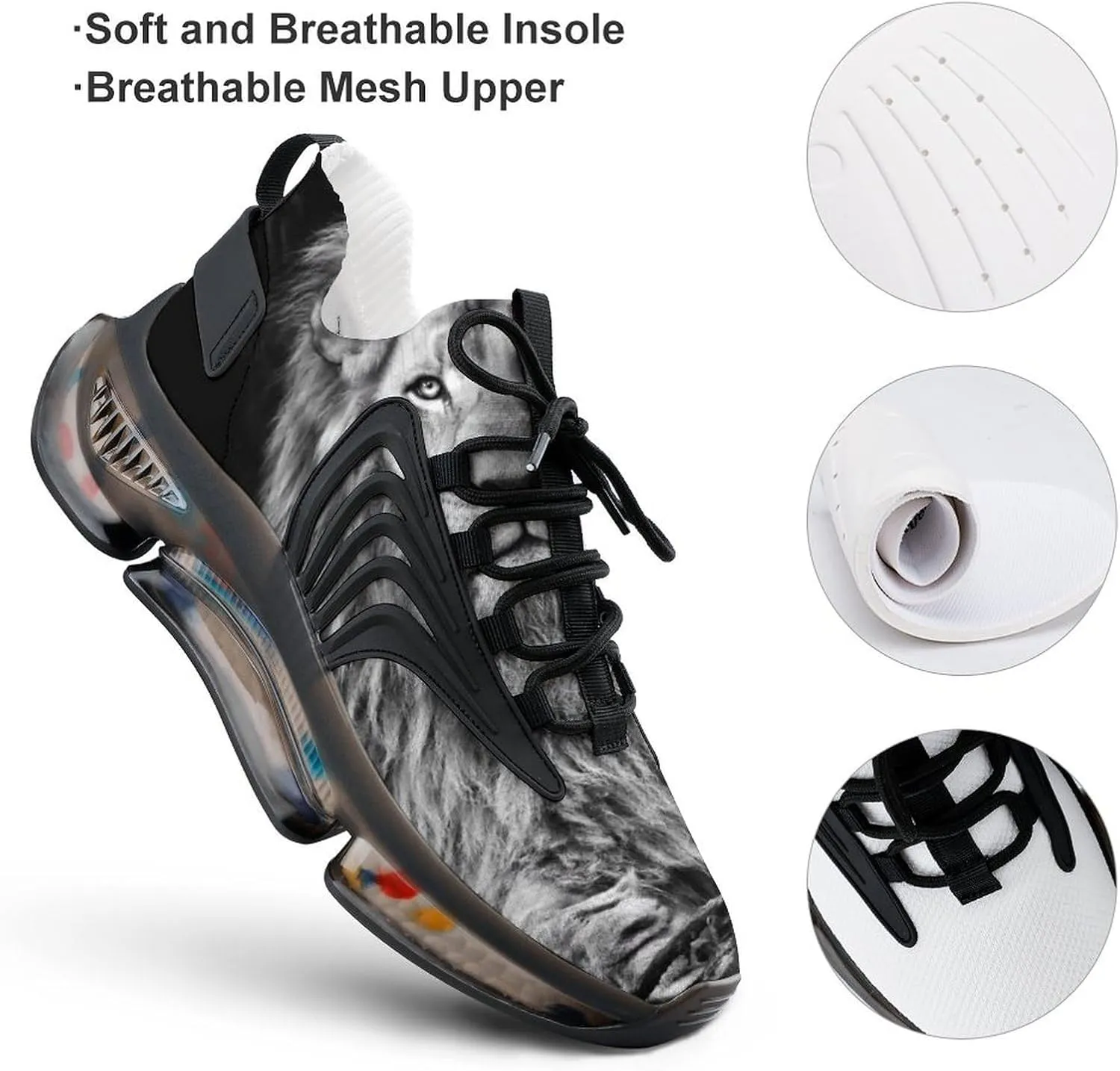 Black and White African Lion Walking Shoes for Men Lightweight Tennis Fashion Elastic Sports Shoes Cushion Basketball Shoes