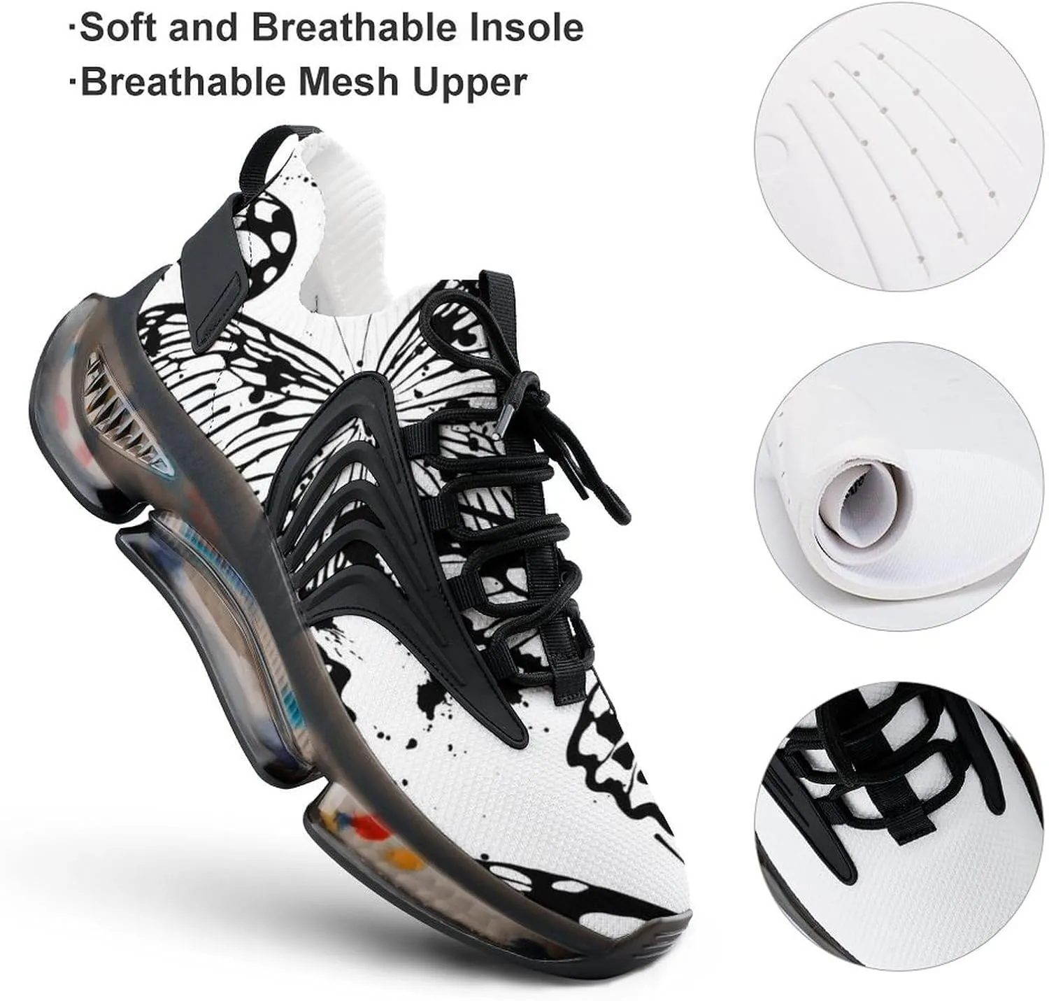 Black and White Butterflies Walking Shoes for Men Lightweight Tennis Fashion Elastic Sports Shoes Cushion Basketball Shoes