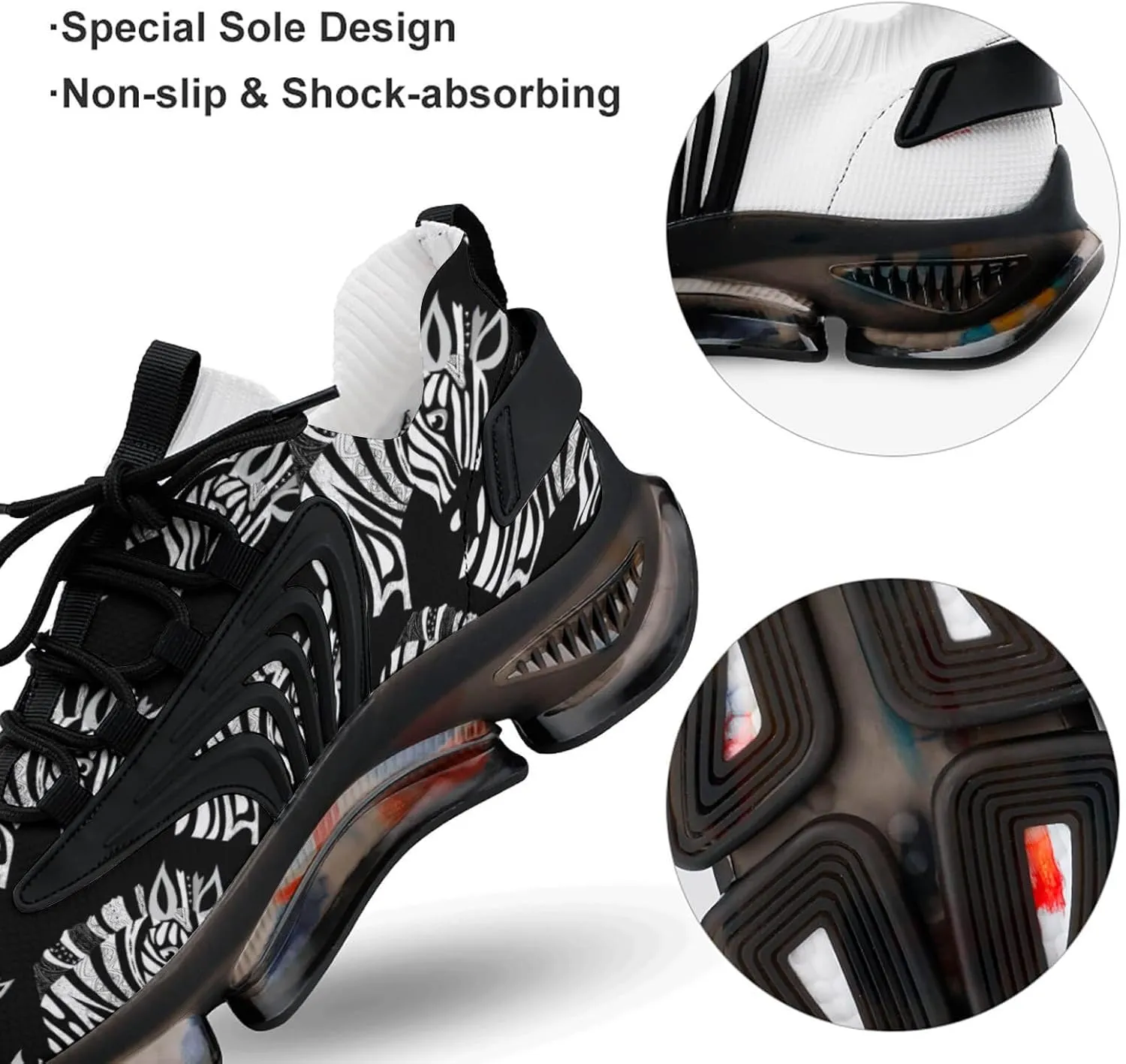 Black White Zebra Walking Shoes for Men Lightweight Tennis Fashion Elastic Sports Shoes Cushion Basketball Shoes