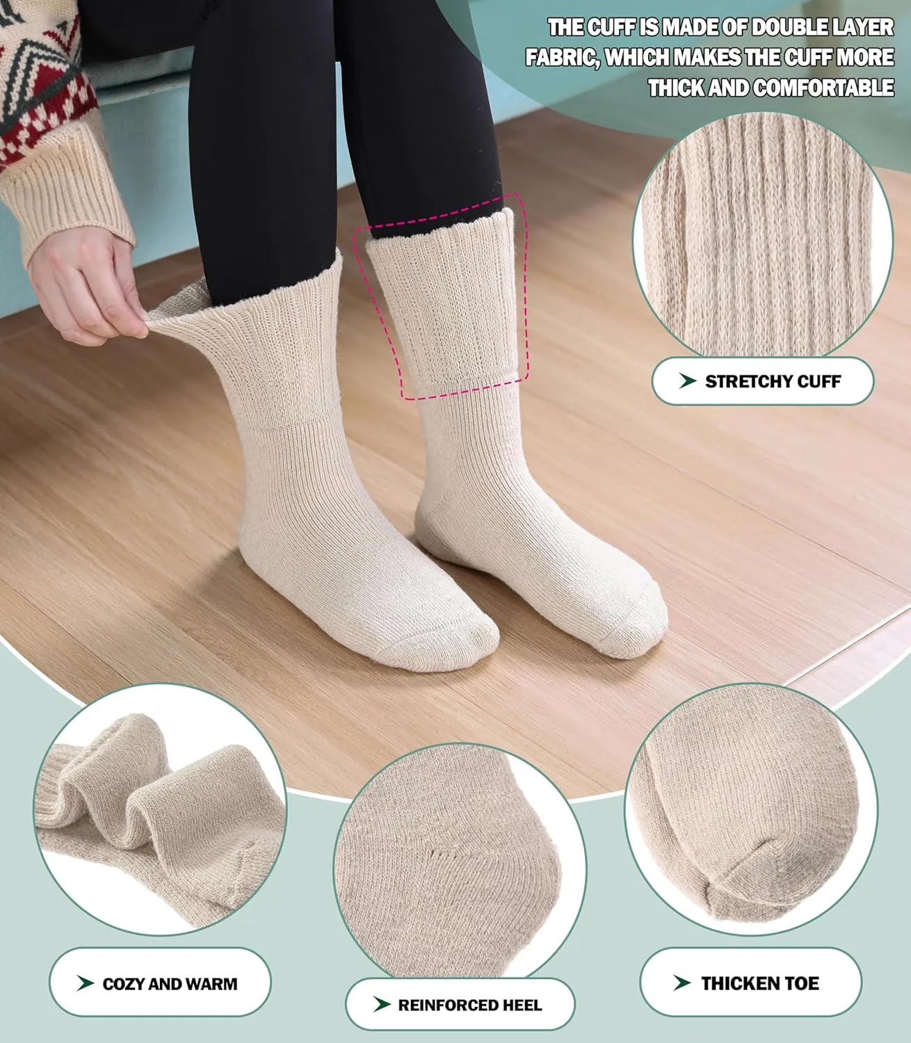 Boot Socks for Women Merino Wool Hiking Winter Warm Super Thick Thermal Cozy Knit Crew Socks