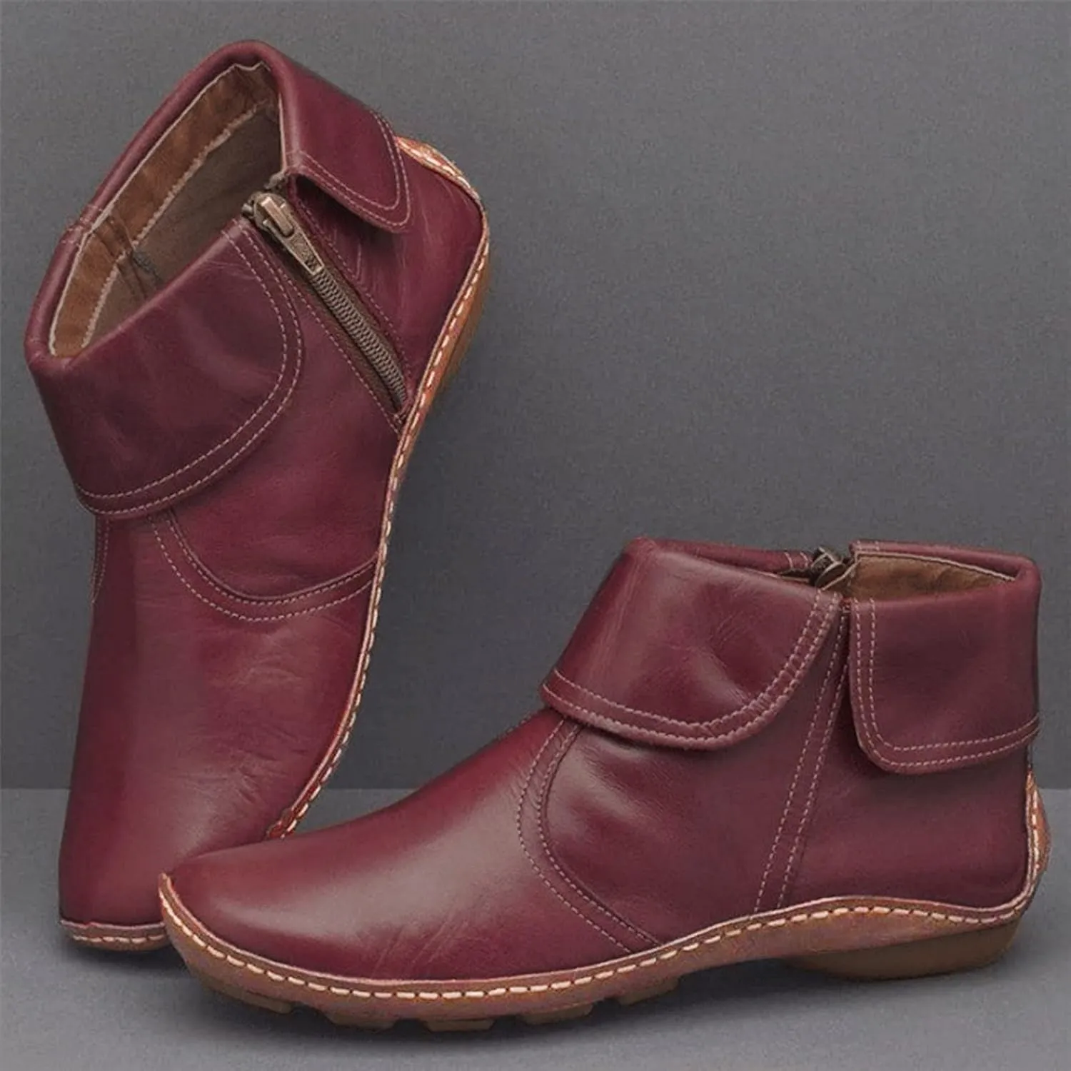Boots for Women Low Heel Lace Up Arch Support Boots Side Zip Vintage Damping Shoes Flat Heel Boots