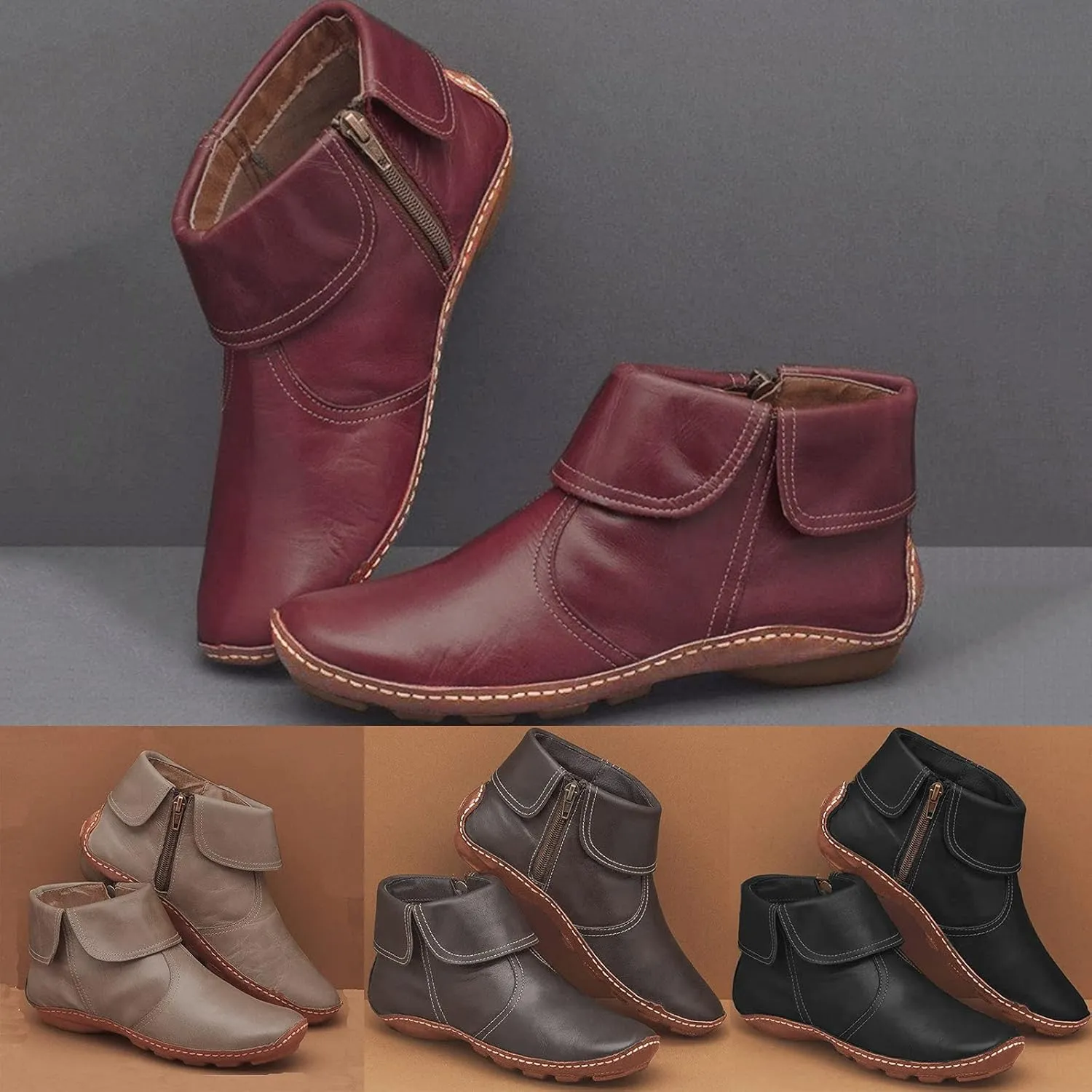 Boots for Women Low Heel Lace Up Arch Support Boots Side Zip Vintage Damping Shoes Flat Heel Boots