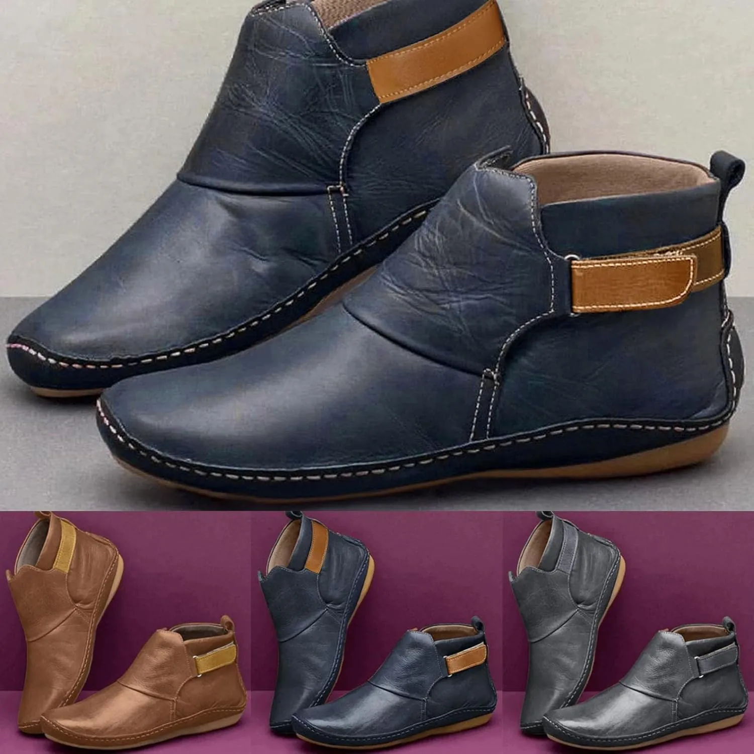 Boots for Women No Heel 2022 New Arch Support Boots Side Zipper Vintage Leather Damping Shoes Flat Booties