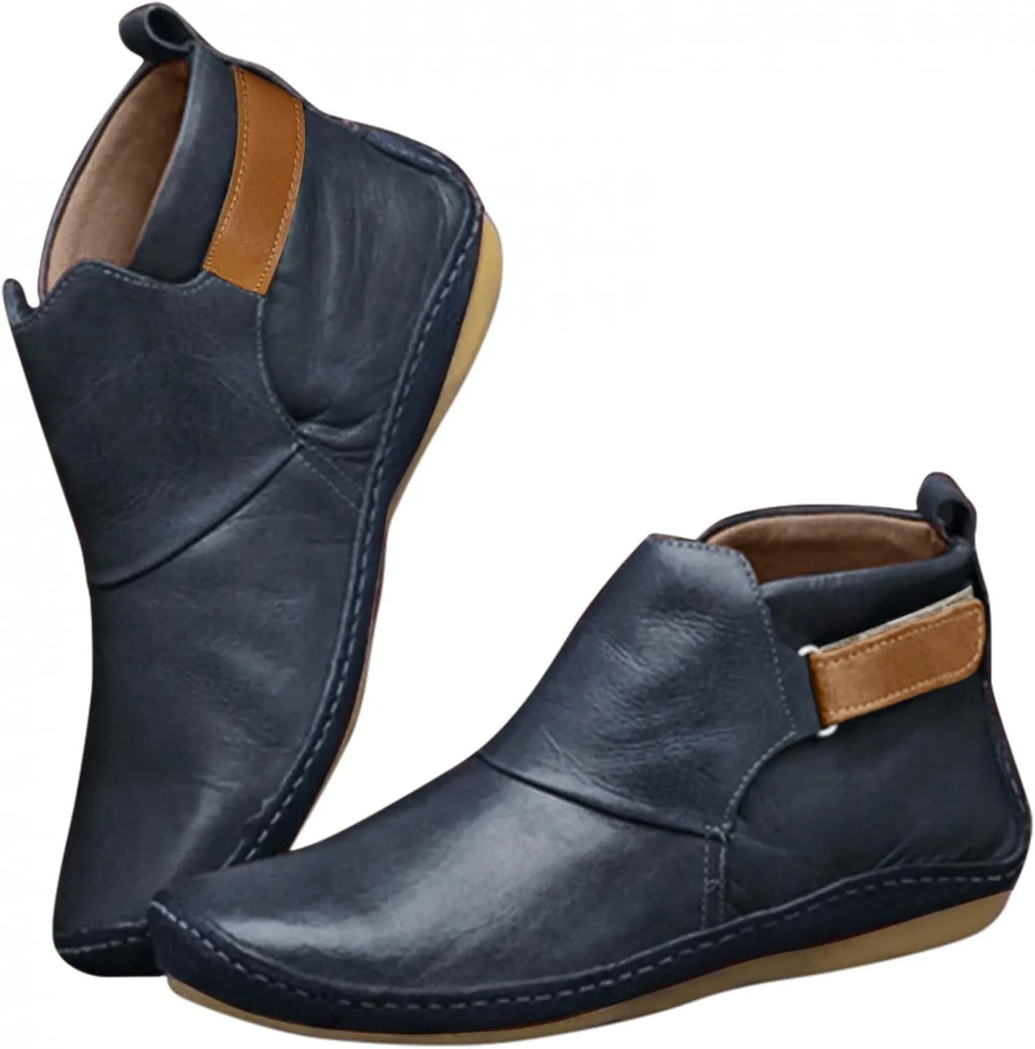 Boots for Women No Heel 2022 New Arch Support Boots Side Zipper Vintage Leather Damping Shoes Flat Booties