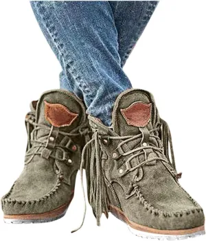 Boots for Women Suede Flat Short Ankle Booties Retro Fringe Boots Winter Round Toe Roman Fringe Short Flat Shoes