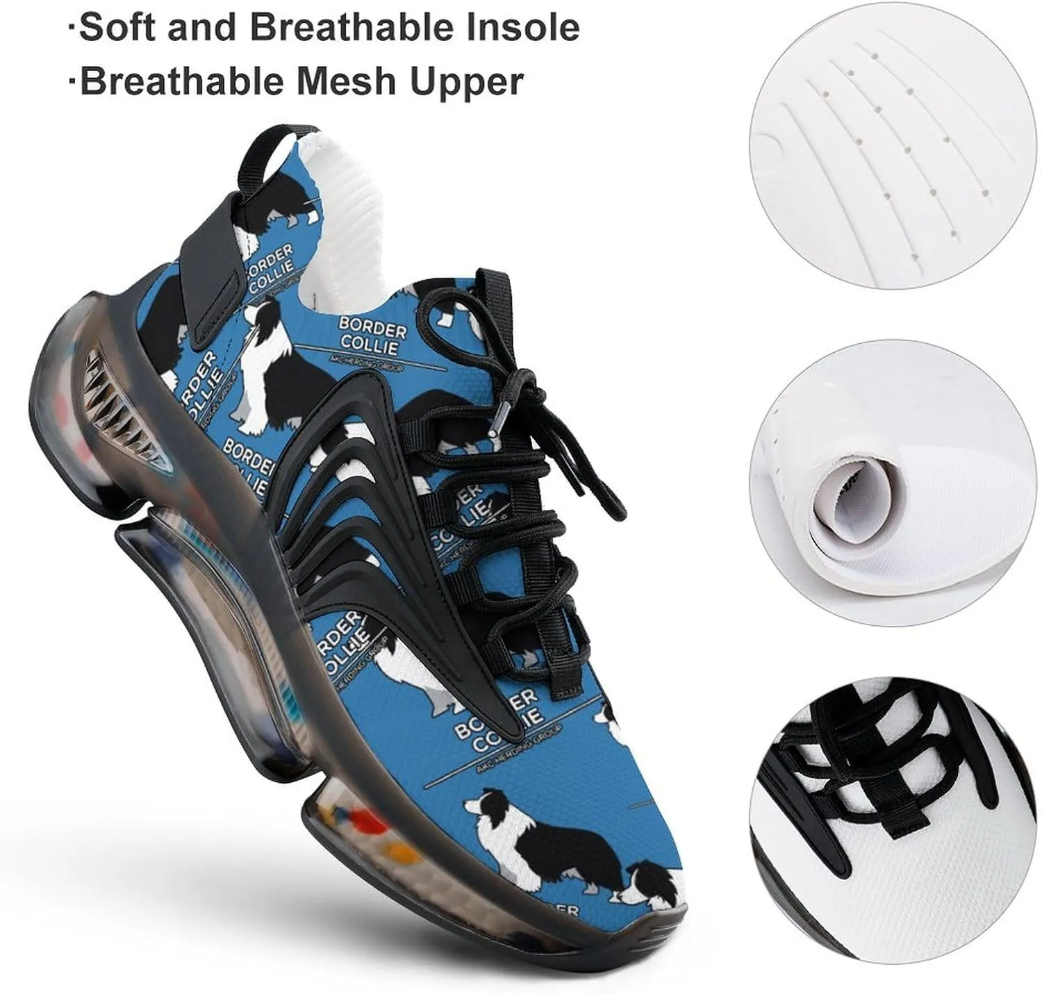 Border Collie Walking Shoes for Men Lightweight Tennis Fashion Elastic Sports Shoes Cushion Basketball Shoes