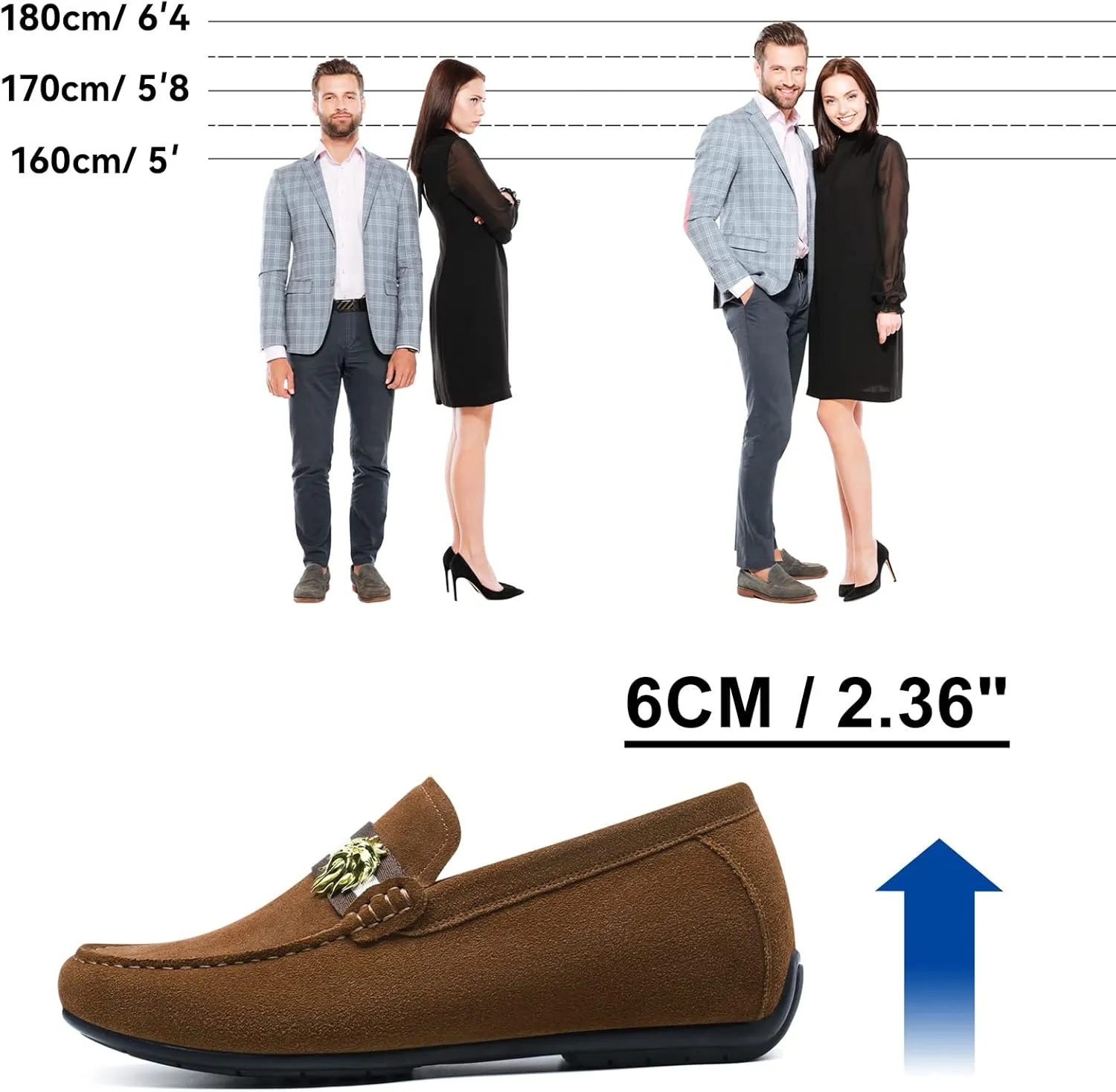 CHAMARIPA Height Increasing Shoes for Men - Elevator Sneakers with Hidden Heel - Black Suede Slip-On Comfortable Casual Shoes Genuine Leather 6 CM / 2.36 Inches Handcrafted C2C158D0251D