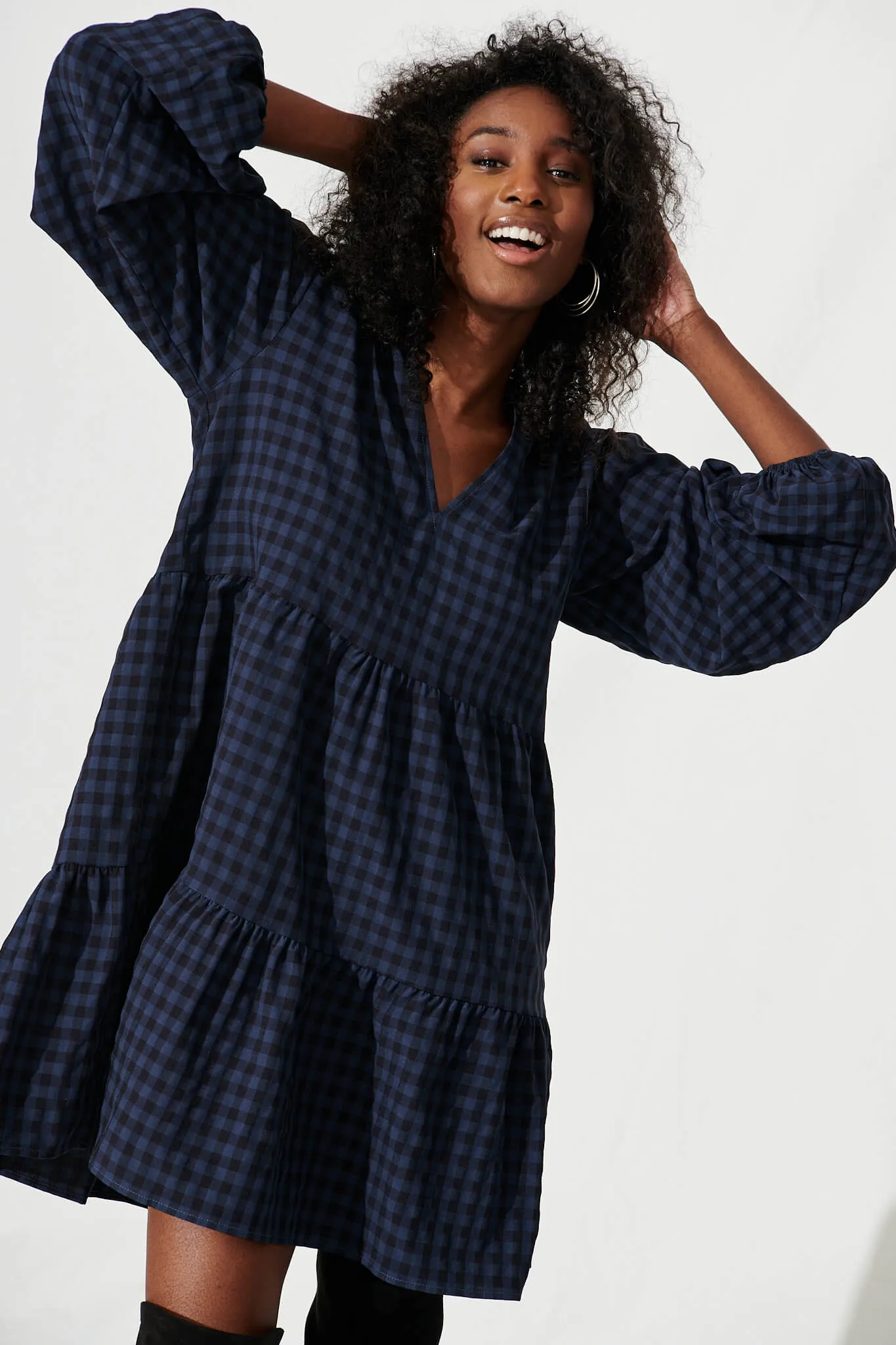 Ciaran Smock Dress In Navy And Black Gingham