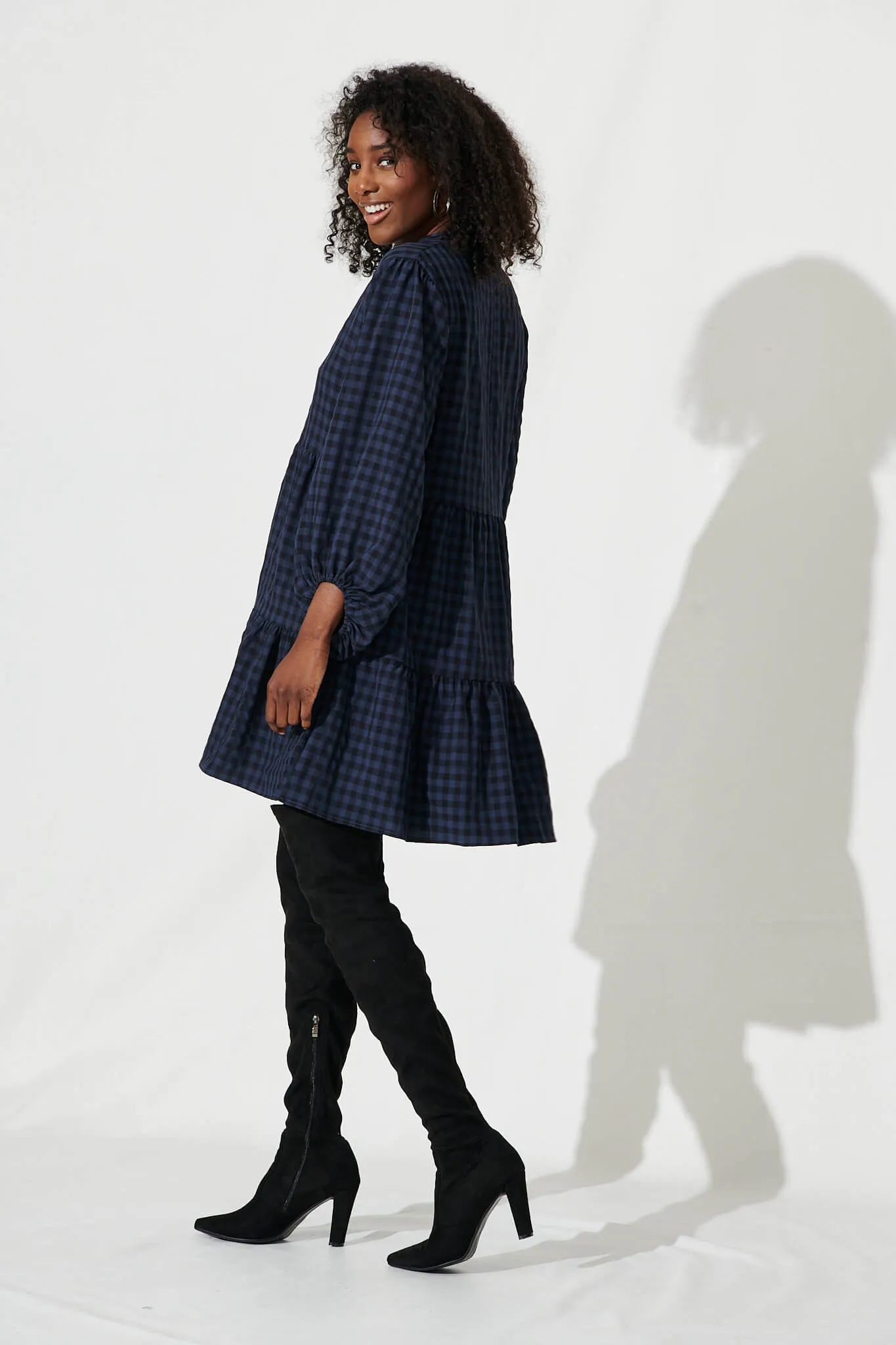Ciaran Smock Dress In Navy And Black Gingham