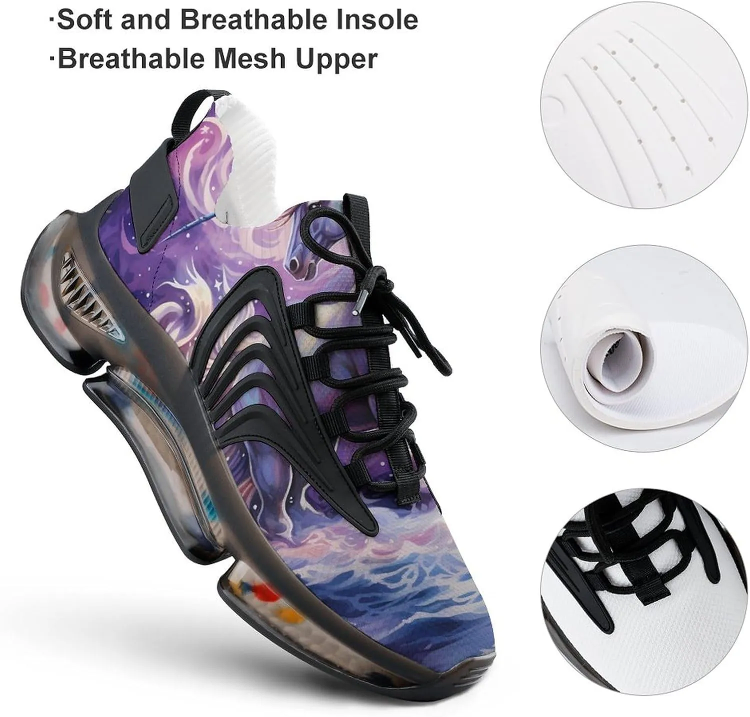 Colourful Unicorrn on Ocean in Night Walking Shoes for Men Lightweight Tennis Fashion Elastic Sports Shoes Cushion Basketball Shoes