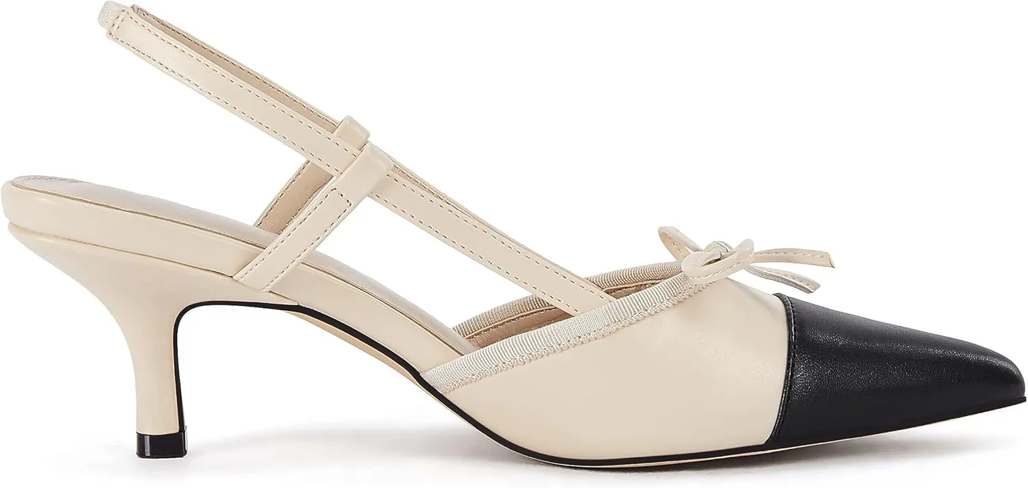 Coutgo Women??s Bow Tie Slingback Pumps Pointed Toe Kitten Low Heel Patchwork Dress Heeled Sandals