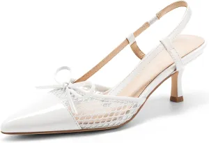 Coutgo Women??s Bow Tie Slingback Pumps Pointed Toe Kitten Low Heel Patchwork Dress Heeled Sandals