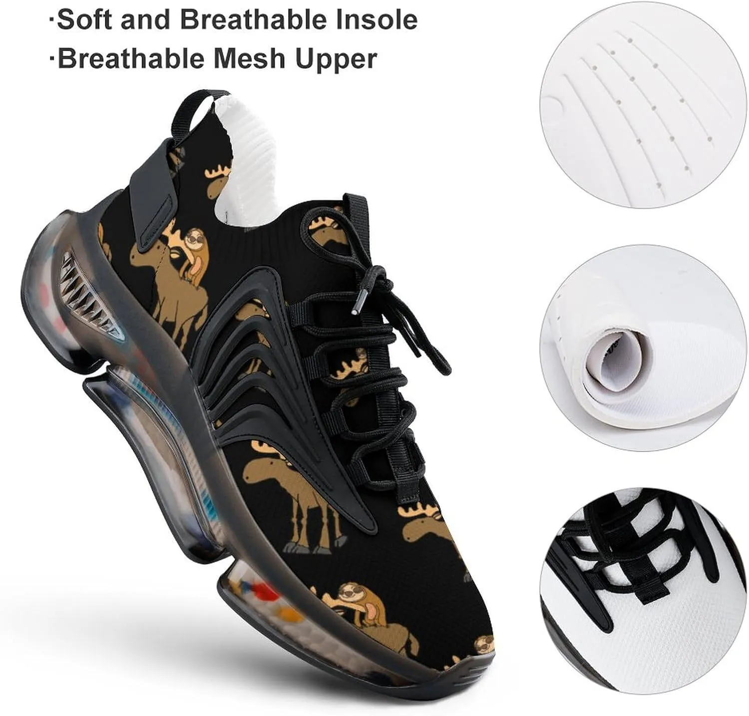 Cute Sloth Riding Moose Walking Shoes for Men Lightweight Tennis Fashion Elastic Sports Shoes Cushion Basketball Shoes