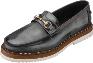 DALGALA Men's Gray Leather Handcrafted Loafer Shoes Slip on Fashion Casual Shoes with Buckle