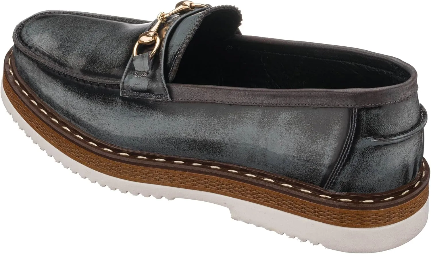 DALGALA Men's Gray Leather Handcrafted Loafer Shoes Slip on Fashion Casual Shoes with Buckle