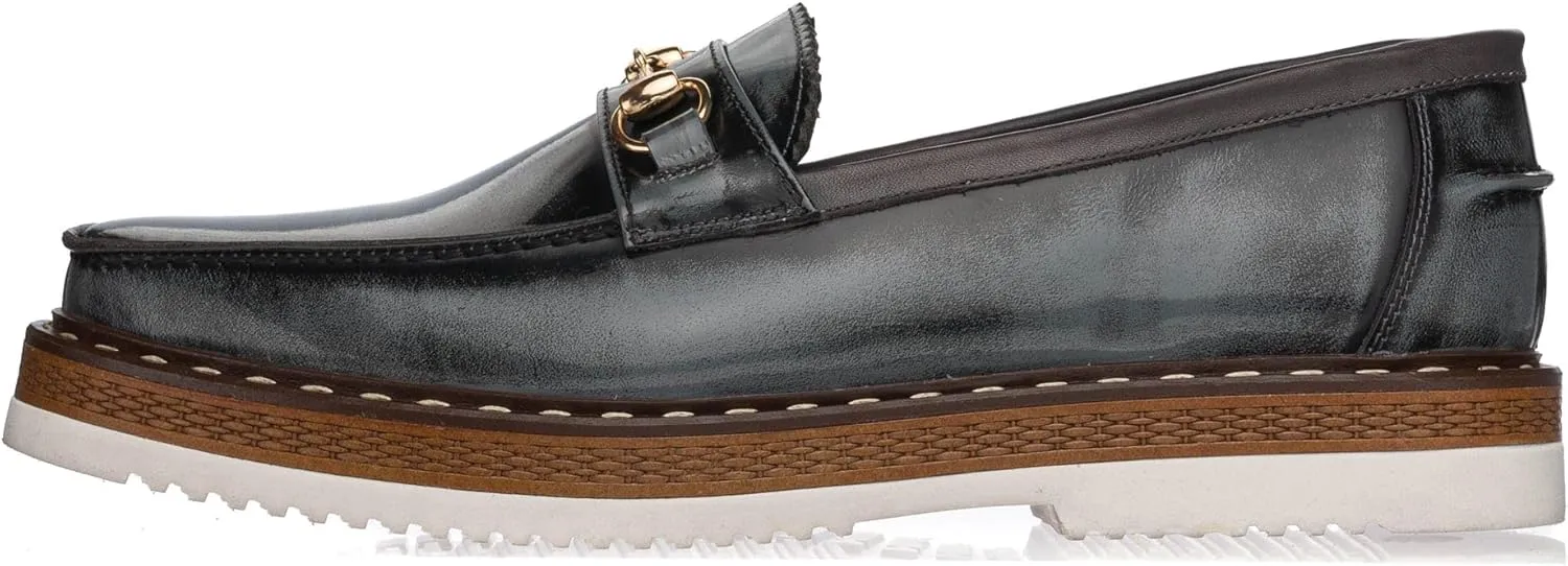 DALGALA Men's Gray Leather Handcrafted Loafer Shoes Slip on Fashion Casual Shoes with Buckle
