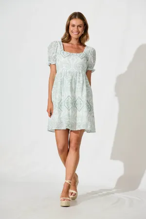 Emmanuelle Dress In White With Green Broderie