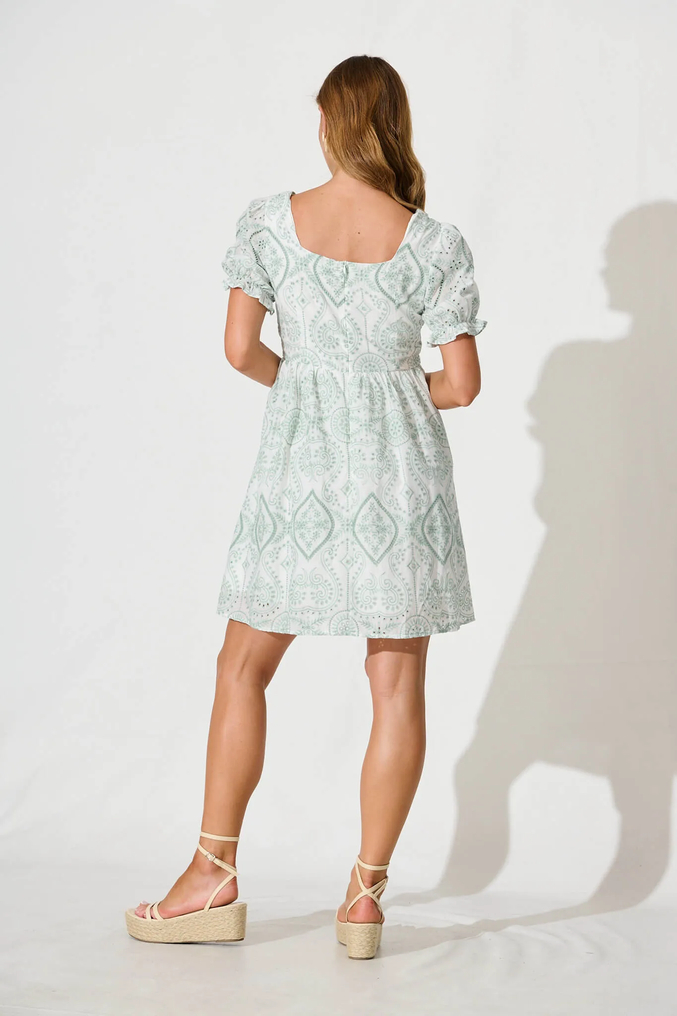 Emmanuelle Dress In White With Green Broderie