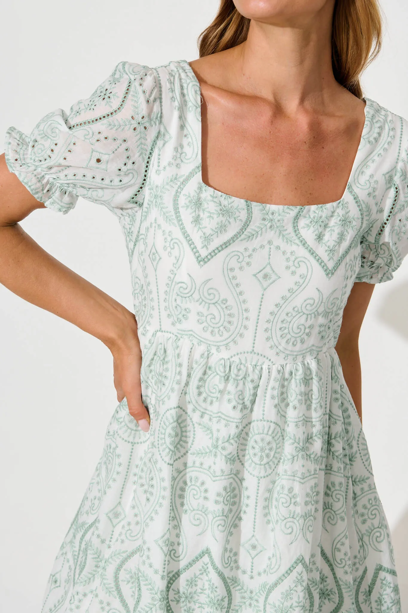 Emmanuelle Dress In White With Green Broderie