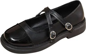 Fashion Autumn Women Casual Shoes Strap Buckle Colorblock Round Toe Low Heel Boys Casual Shoes Size 6 (Black, 8.5)