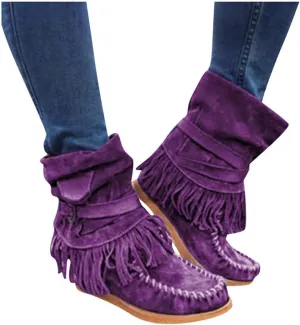 Gibobby Boots for Womens Mid Knee High Boots Low Heel Fringe Side Zipper Fashion Winter Shoes Cowboy Booties