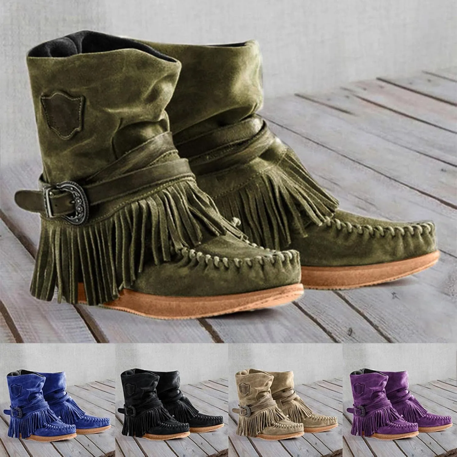 Gibobby Boots for Womens Mid Knee High Boots Low Heel Fringe Side Zipper Fashion Winter Shoes Cowboy Booties