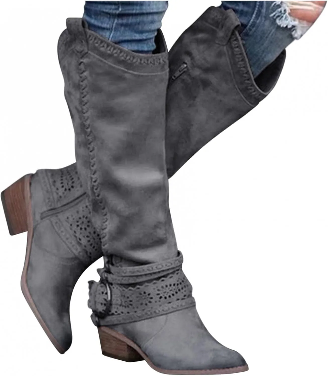 Gibobby Women Boots Mid Knee High Boots Chunky Heel Wide Calf Side Zip Fashion Winter Cowboy Booties