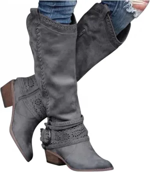 Gibobby Women Boots Mid Knee High Boots Chunky Heel Wide Calf Side Zip Fashion Winter Cowboy Booties