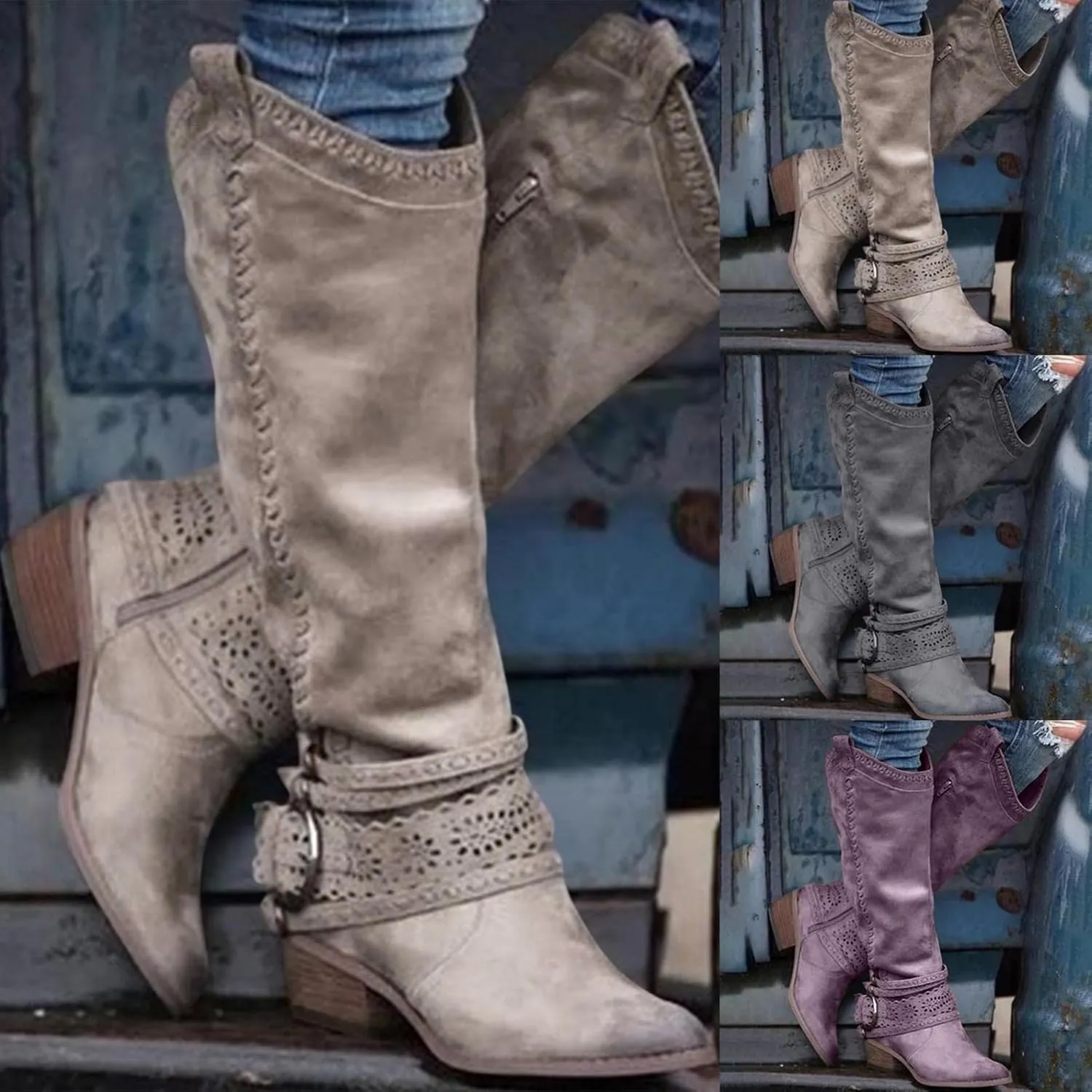 Gibobby Women Boots Mid Knee High Boots Chunky Heel Wide Calf Side Zip Fashion Winter Cowboy Booties
