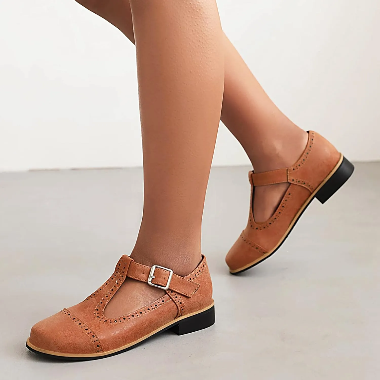 Gicoiz Round Toe Mary Jane Brogue Womens Block Low Heel Pumps