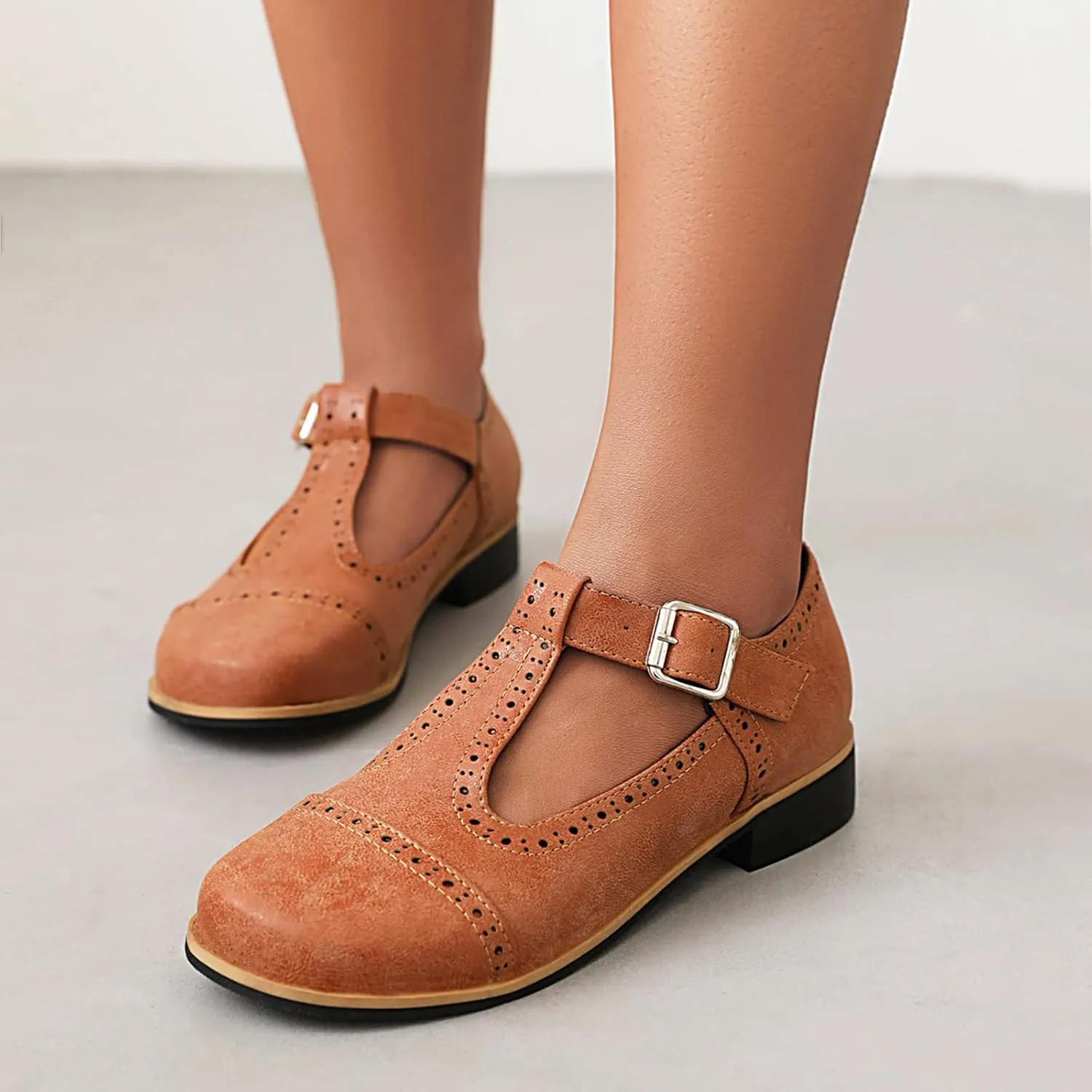 Gicoiz Round Toe Mary Jane Brogue Womens Block Low Heel Pumps
