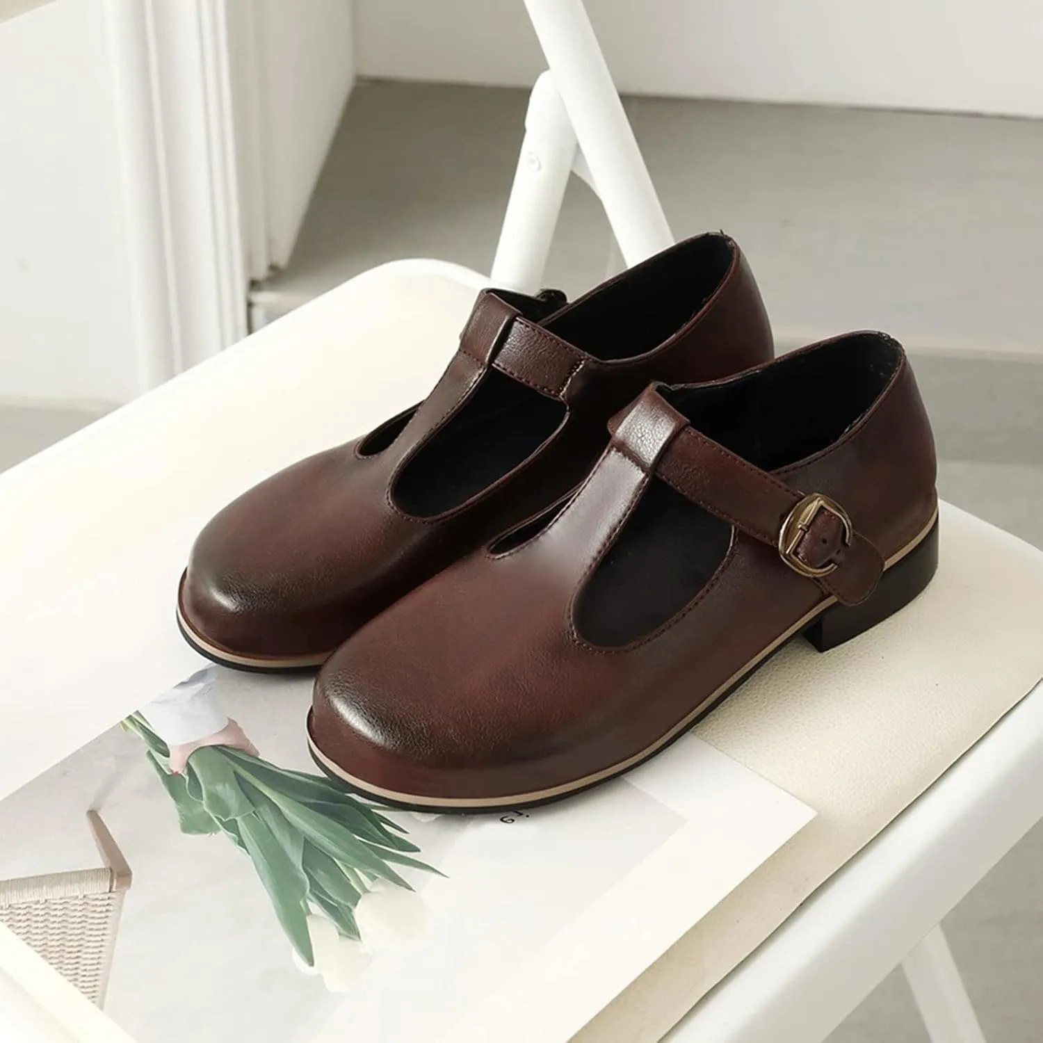 Gicoiz Round Toe Mary Jane Brogue Womens Block Low Heel Pumps