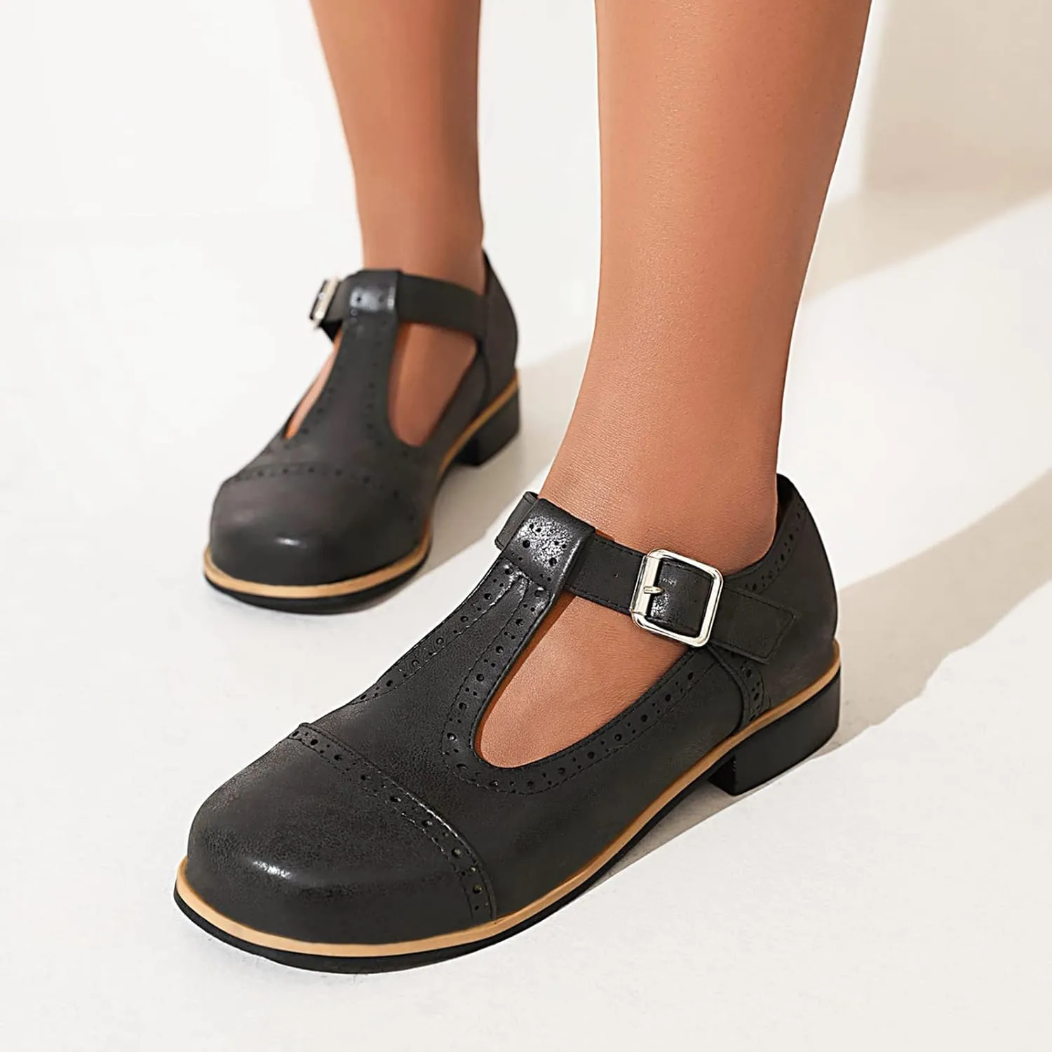 Gicoiz Round Toe Mary Jane Brogue Womens Block Low Heel Pumps