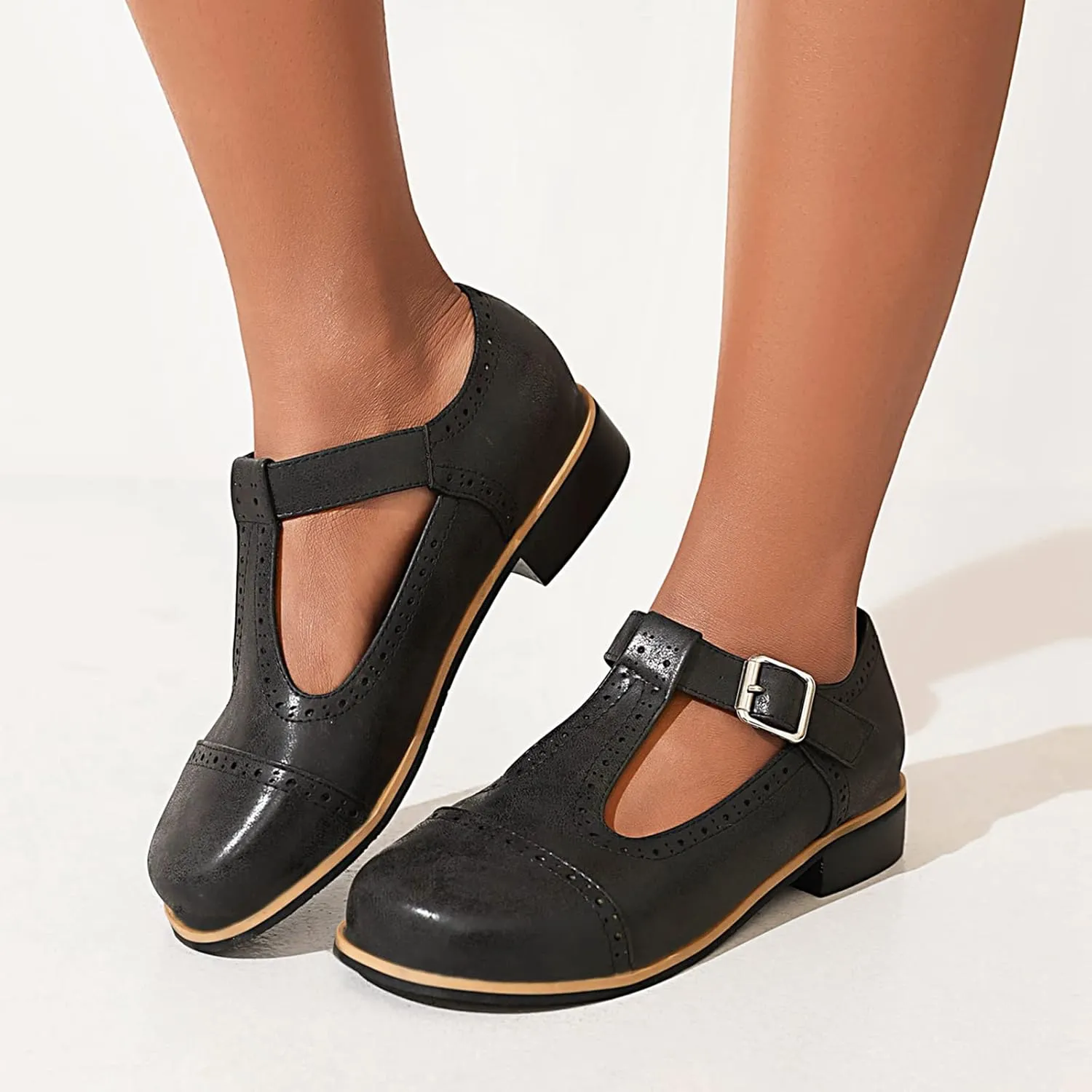 Gicoiz Round Toe Mary Jane Brogue Womens Block Low Heel Pumps