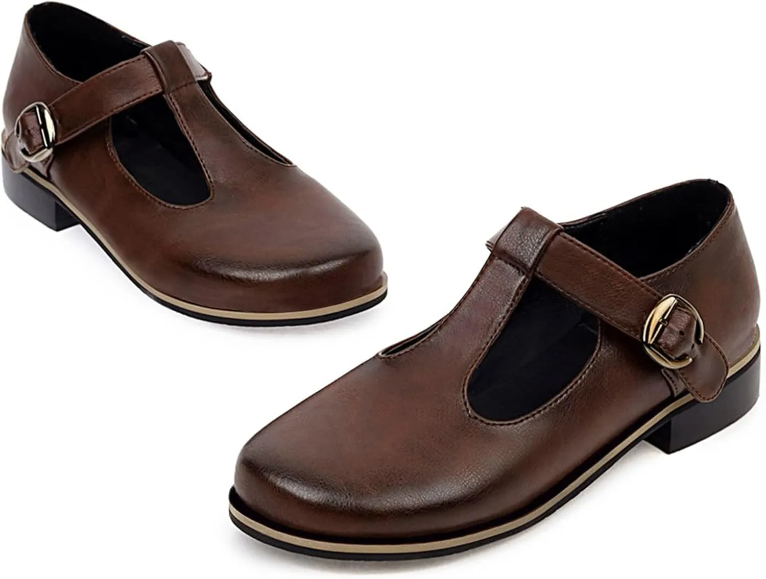 Gicoiz Round Toe Mary Jane Brogue Womens Block Low Heel Pumps